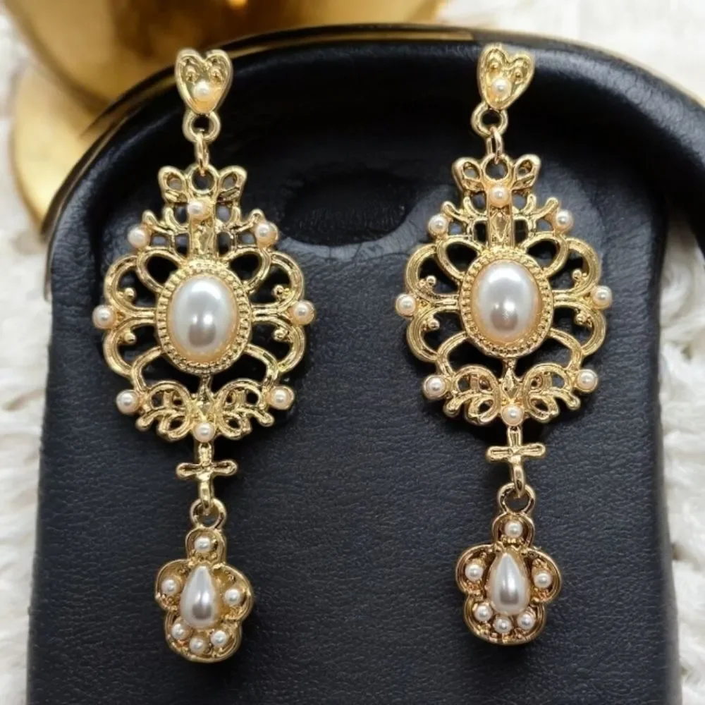 Gold Filigree Pearl Drop Earrings Bridal Wedding Dangle Earrings Vintage Glamour